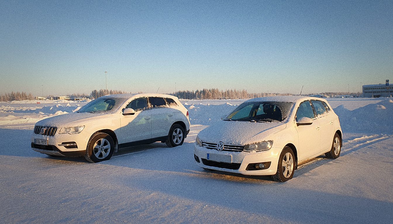 SUV et citadine garés côte à côte sous la neige près de l'aéroport de Rovaniemi
