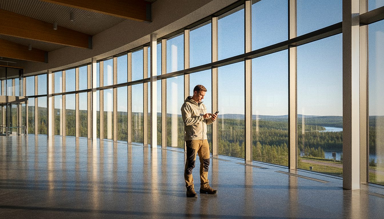 Voyageur consultant sa confirmation de réservation sans dépôt sur son téléphone à l'aéroport